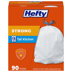Hefty paquete frontal de 90 bolsas blancas mostrando cantidad y beneficio de ahorro