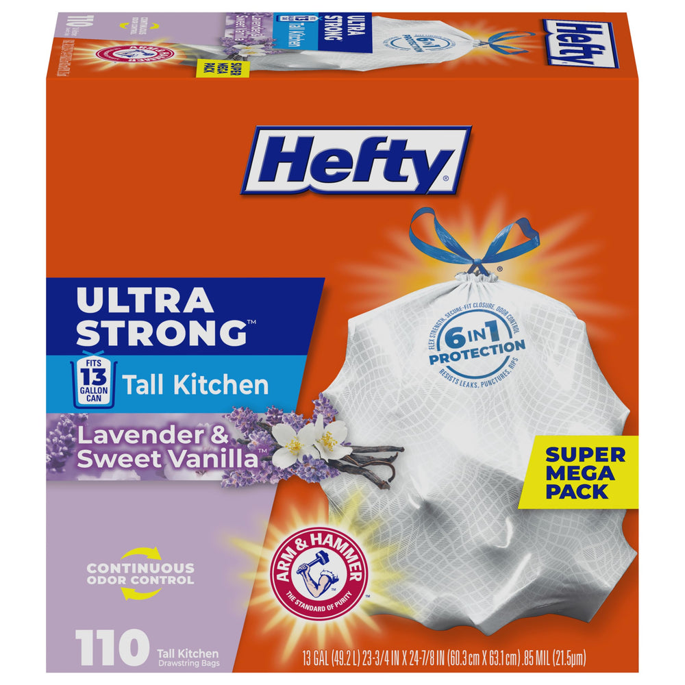 Hefty vista frontal del paquete de 110 bolsas mostrando cantidad y fragancia