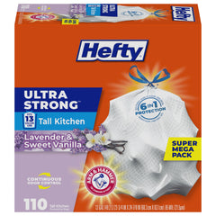 Hefty vista frontal del paquete de 110 bolsas mostrando cantidad y fragancia