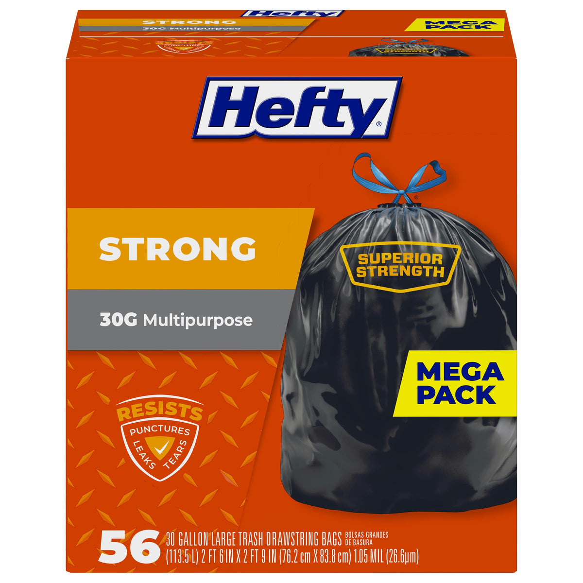 Hefty funda frontal del paquete mostrando 56 bolsas y beneficio de alta capacidad