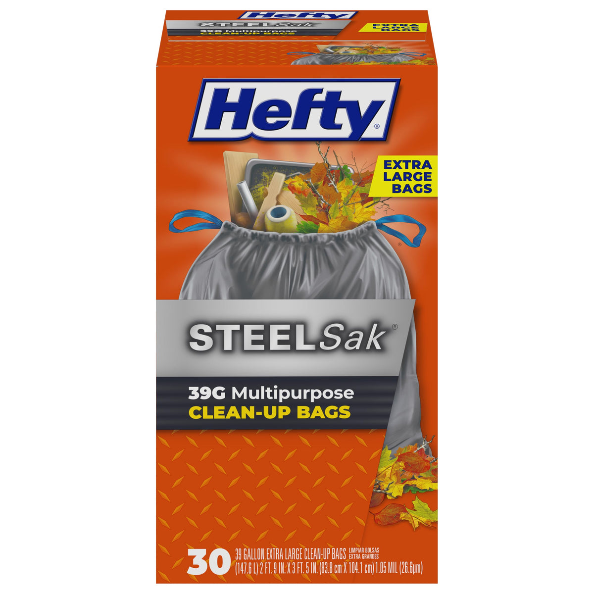 Hefty SteelSak frente del paquete mostrando 30 bolsas y capacidad profesional