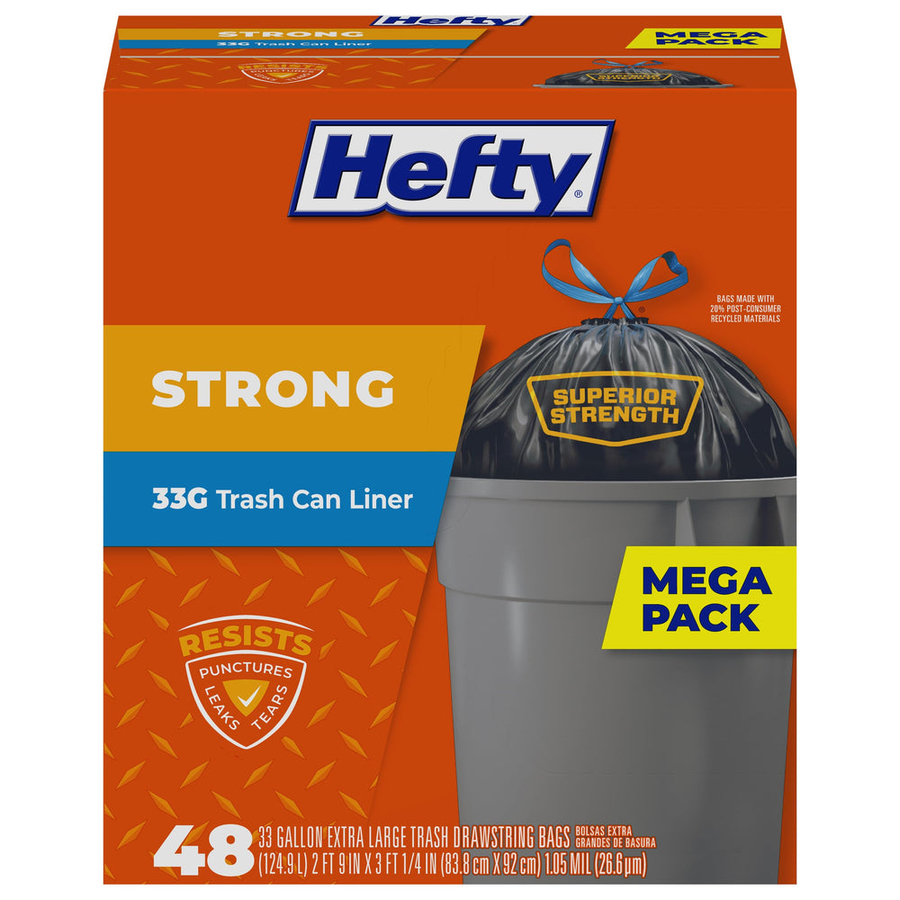 Hefty bolsa frente del paquete mostrando 48 unidades y beneficio de cantidad