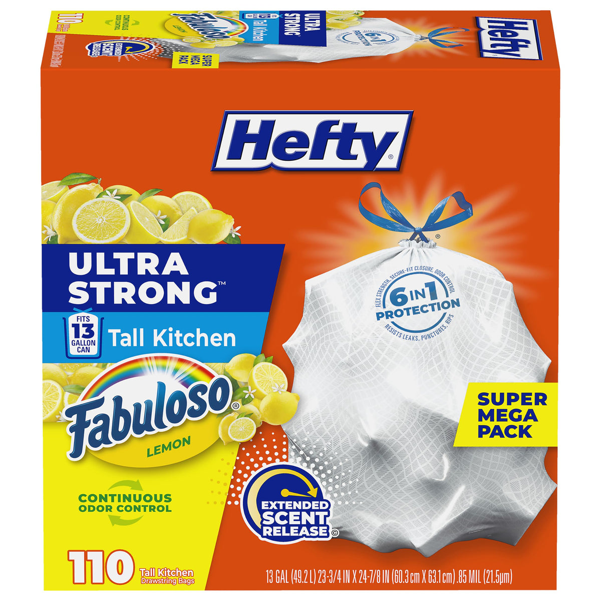 Hefty frente del empaque mostrando 110 bolsas y beneficio de cantidad