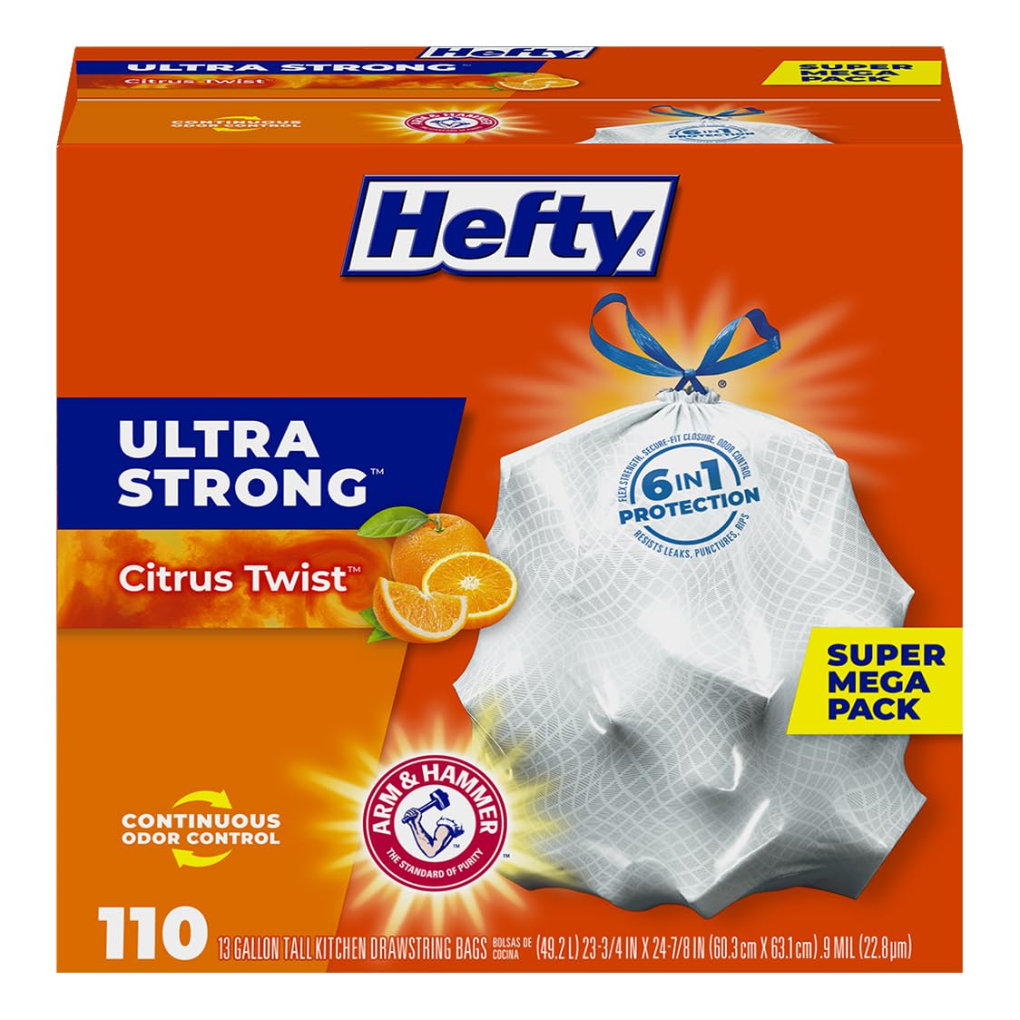 Hefty frente del paquete mostrando 110 bolsas y beneficio de cantidad