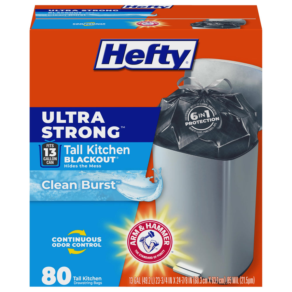 Hefty frente del paquete mostrando 80 bolsas y beneficio de gran cantidad