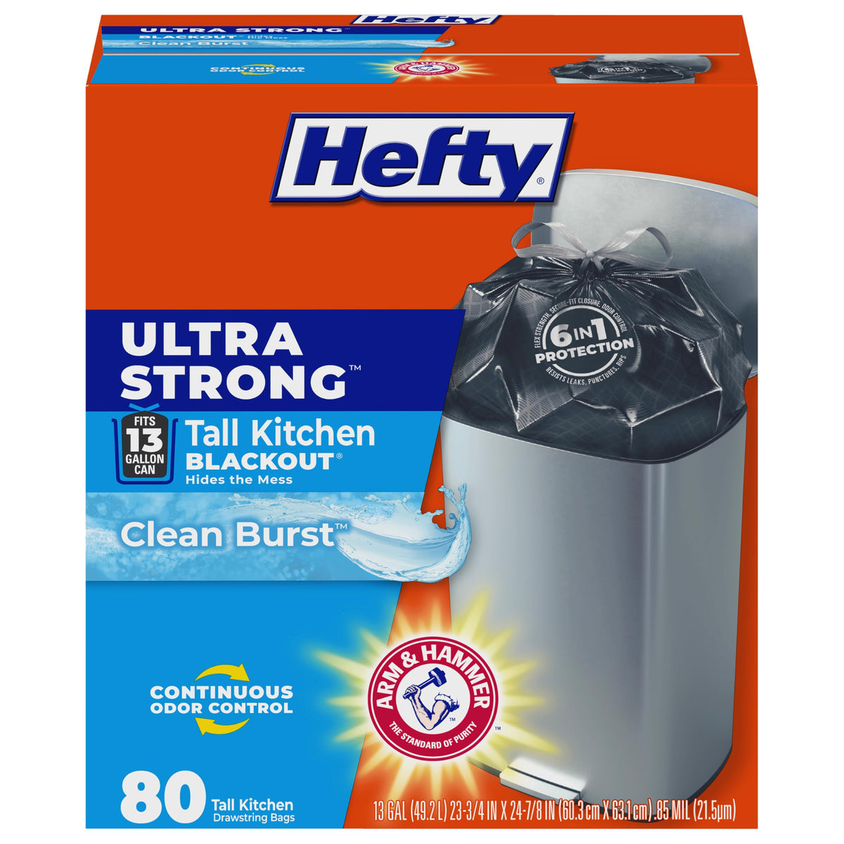 Hefty frente del paquete mostrando 80 bolsas y beneficio de gran cantidad