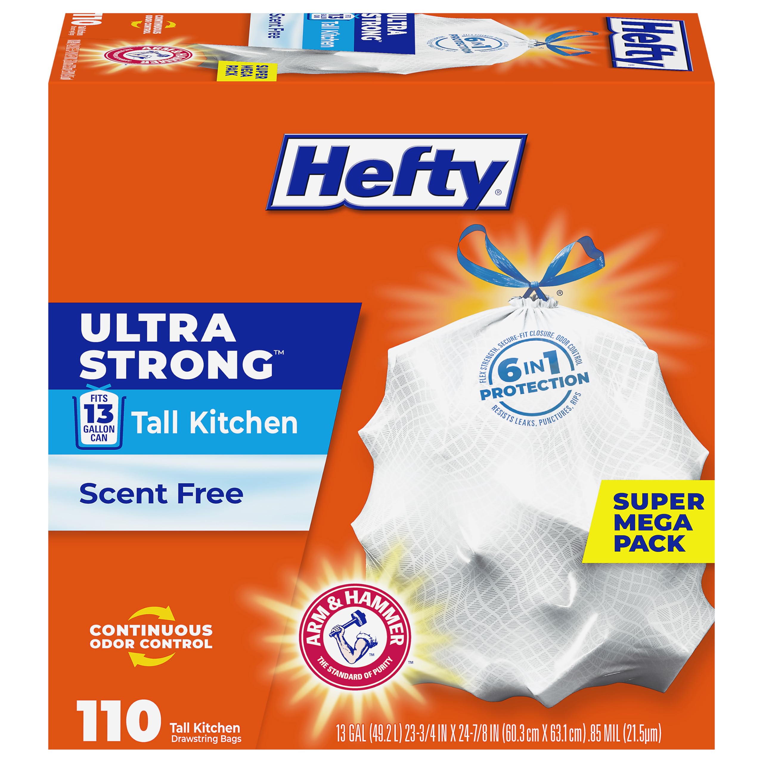 Hefty paquete frontal 110 bolsas 13 galones mostrando cantidad y diseño para almacenaje seguro