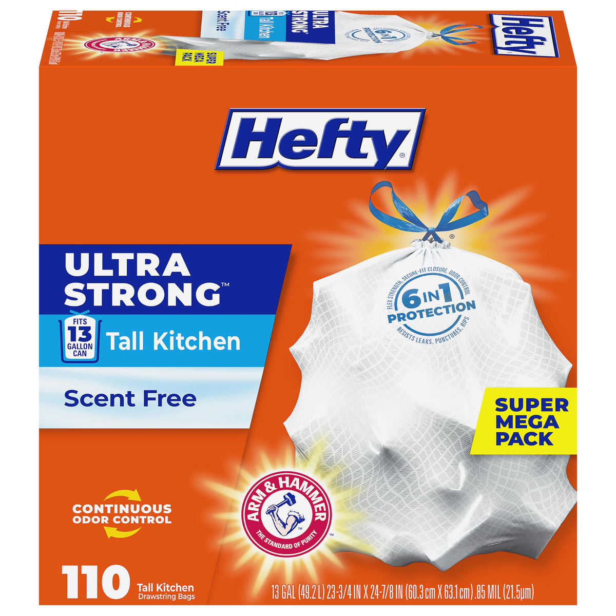 Hefty paquete frontal 110 bolsas 13 galones mostrando cantidad y diseño para almacenaje seguro