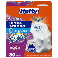 Hefty frente del paquete mostrando 80 bolsas y beneficio de resistencia