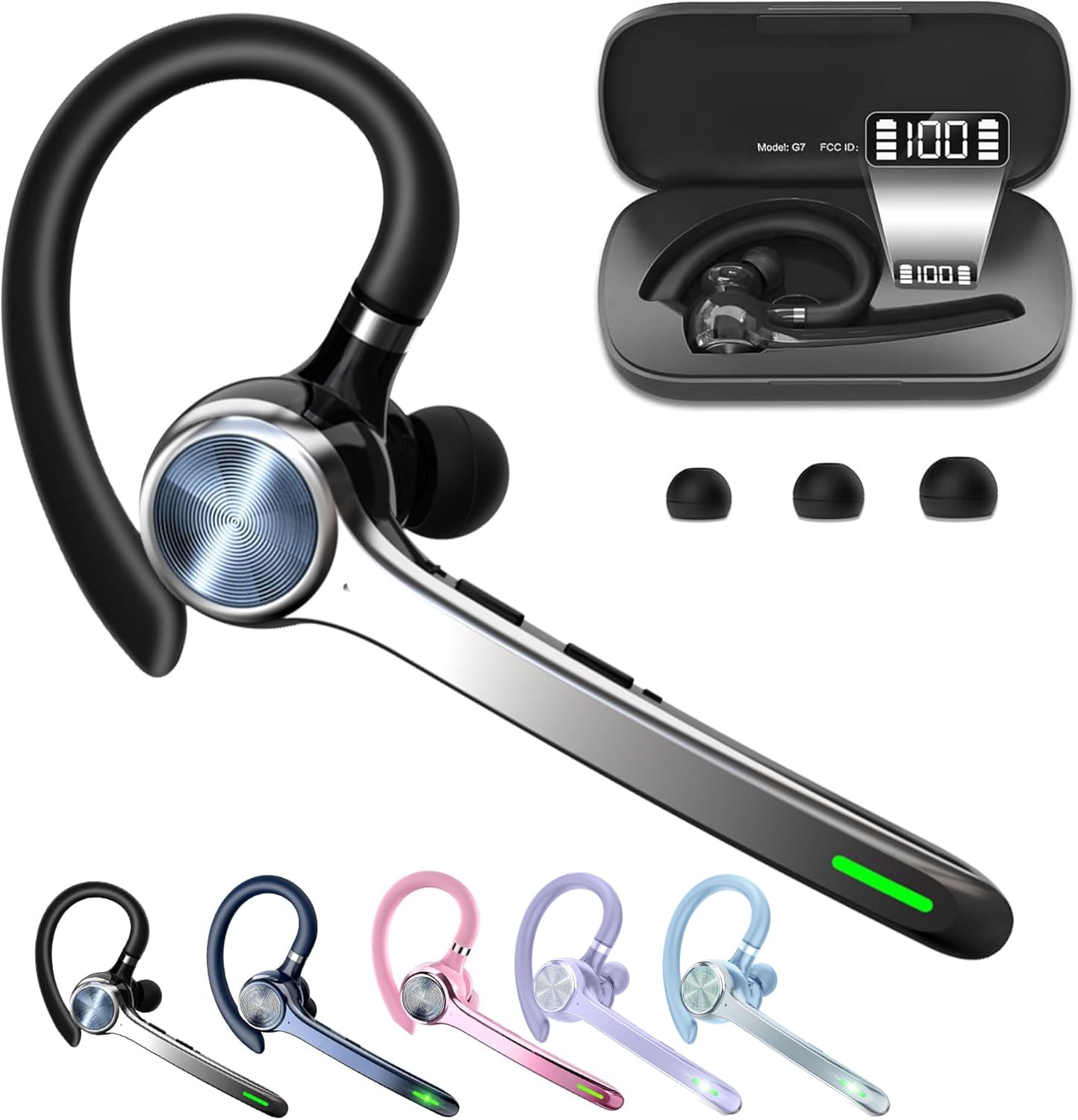 HEIBAS vista frontal del auricular y estuche mostrando diseño compacto y profesional