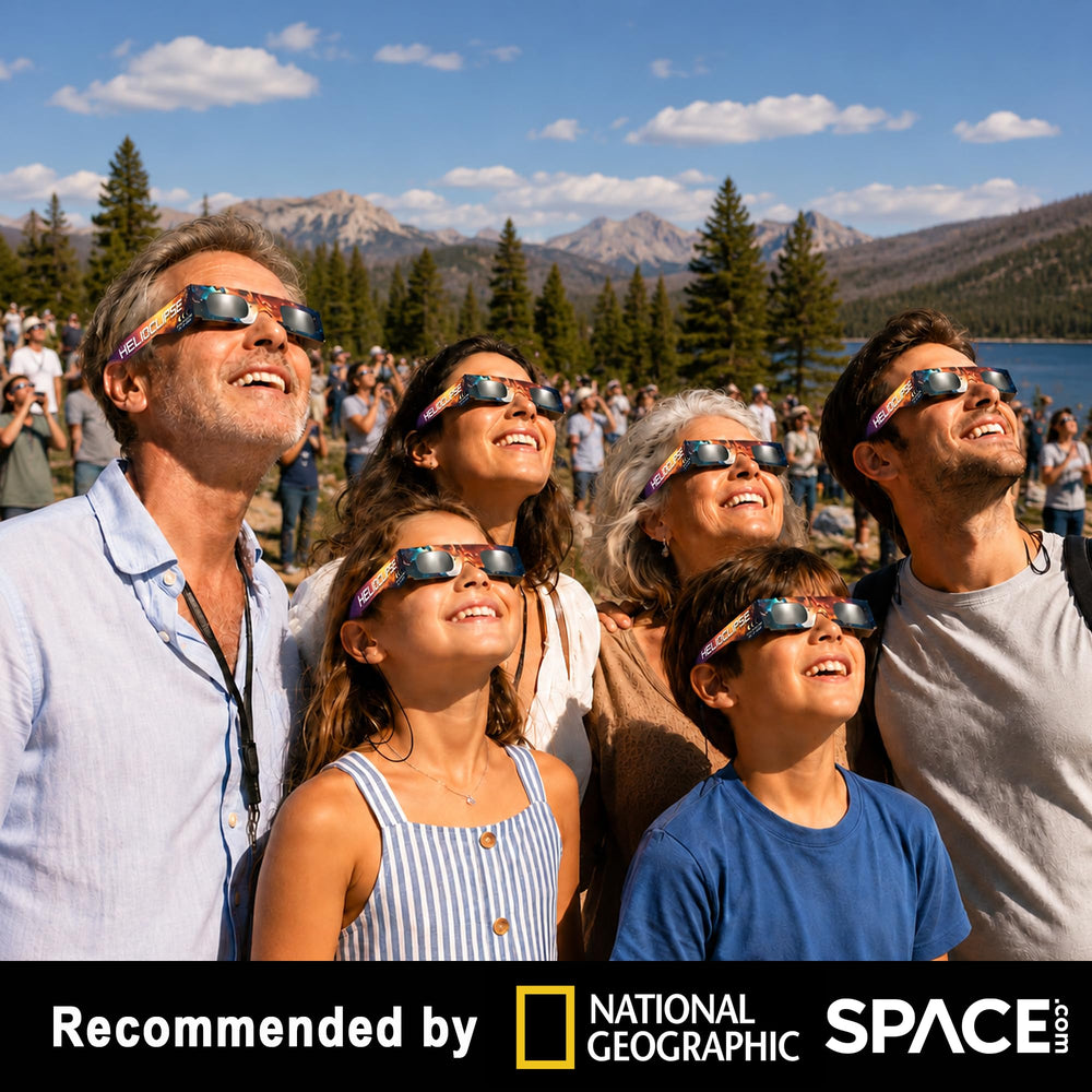 Helioclipse familia usando gafas durante eclipse para observación segura
