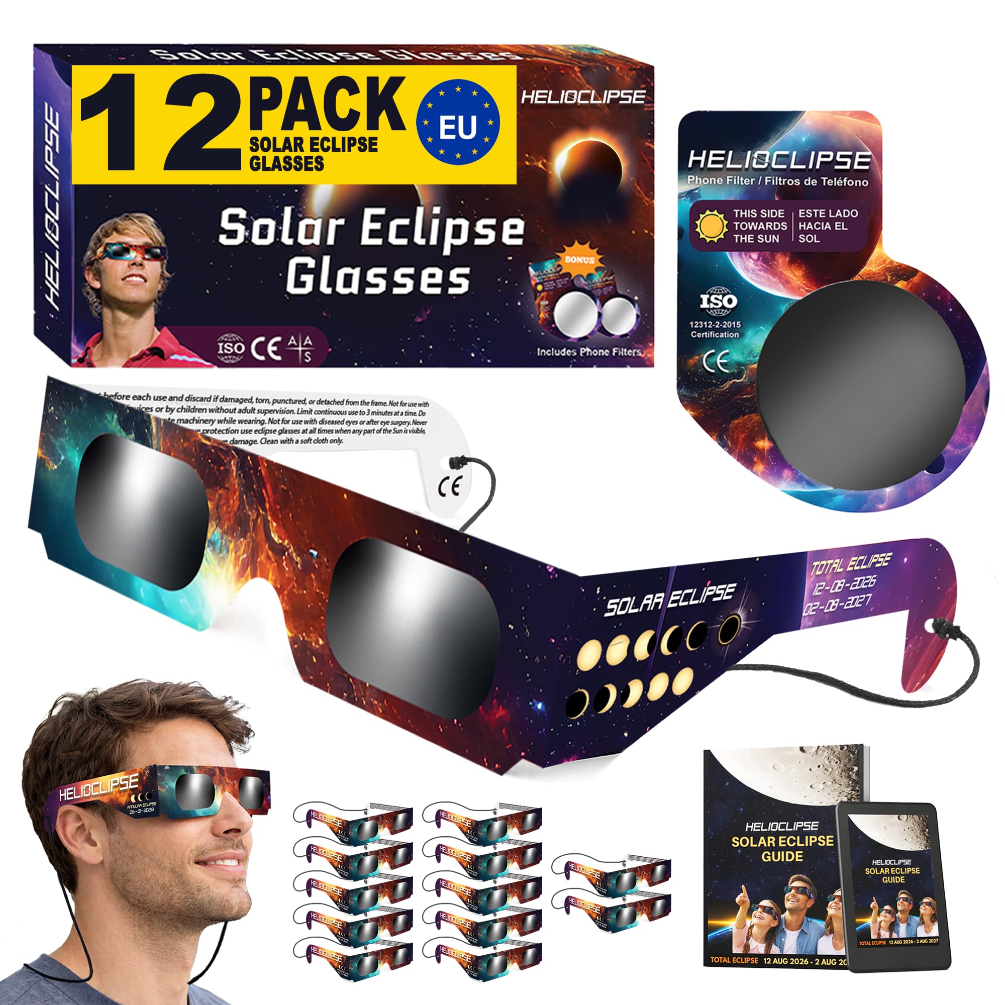 Helioclipse vista frontal del paquete mostrando protección certificada