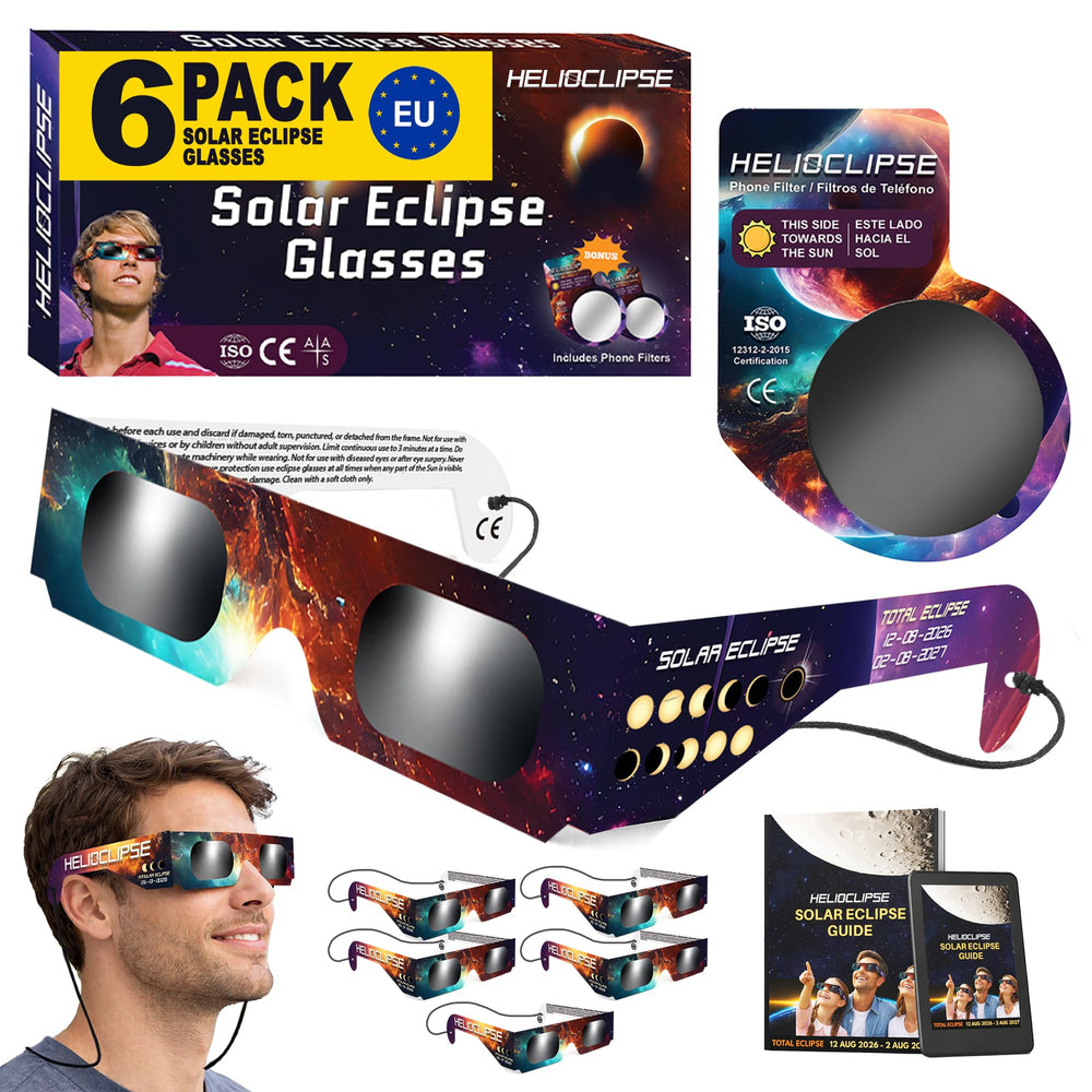 Helioclipse vista frontal del paquete con seis gafas y beneficios de preparación