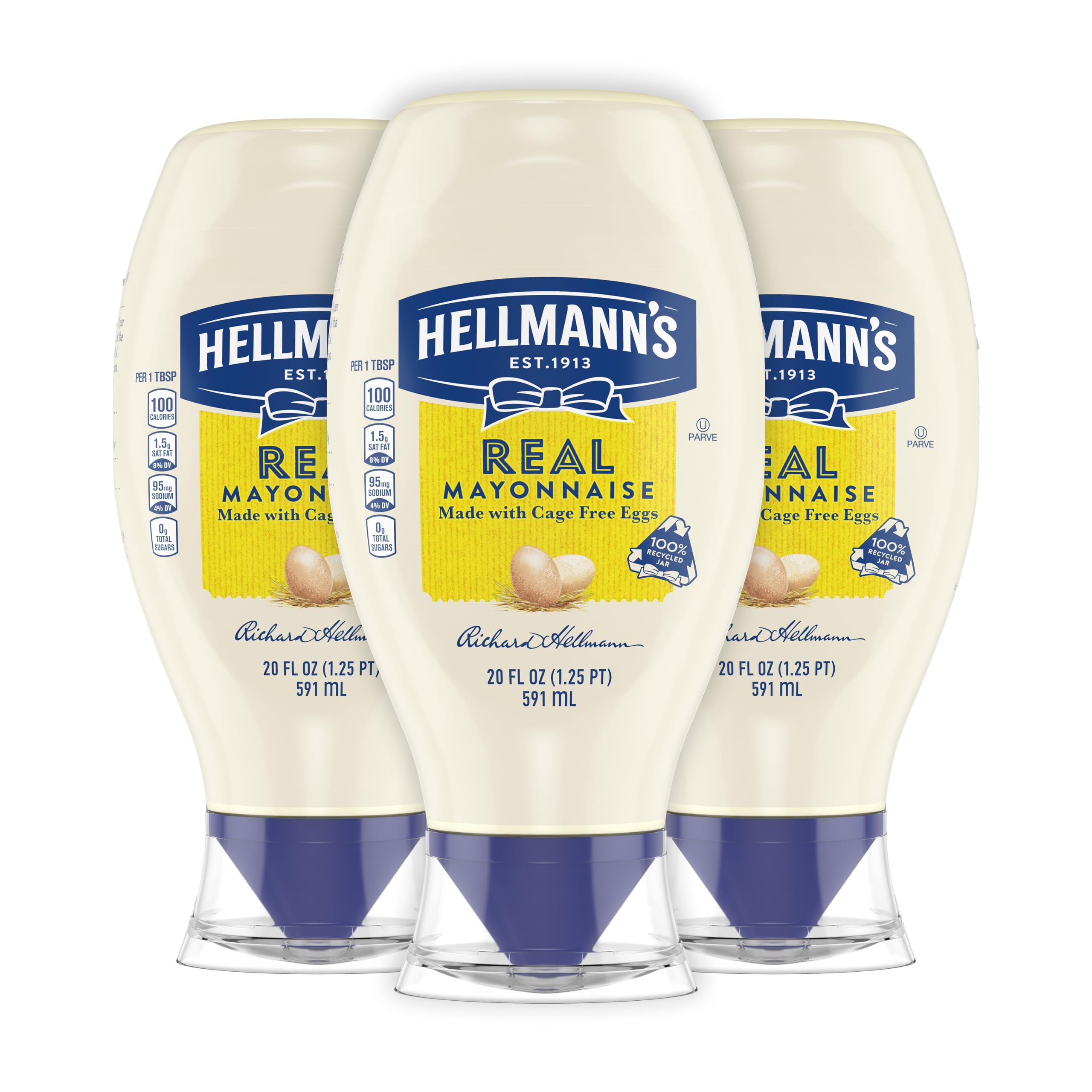 Hellmann's botella exprimible vista frontal muestra diseño práctico y cierre limpio
