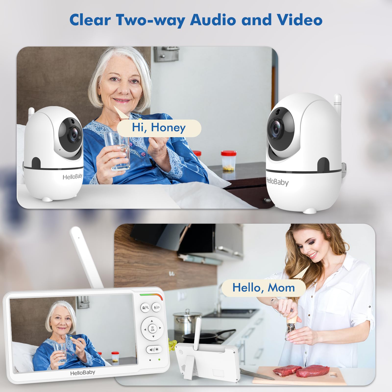 HelloBaby monitor en habitación infantil con padres tranquilos, supervisión confiable