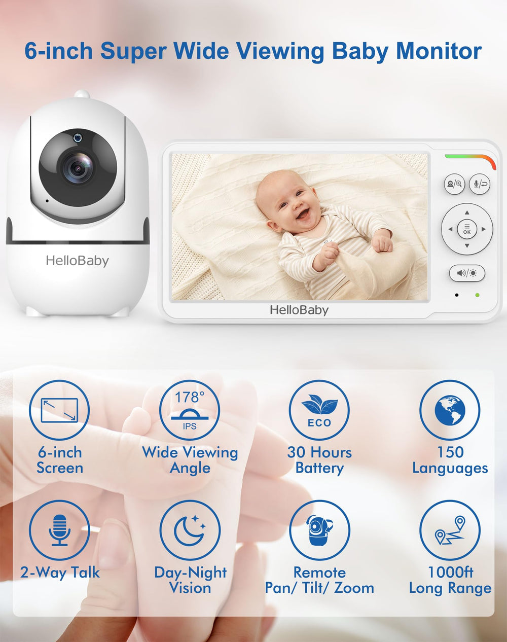 HelloBaby visión nocturna infrarroja mostrando bebé con imagen nítida