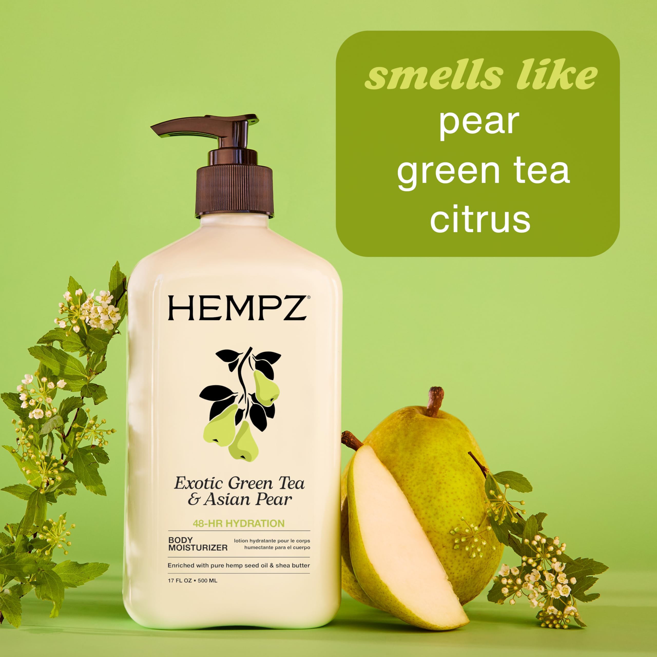 Hempz etiqueta y dosificador en primer plano destacando ingredientes botánicos