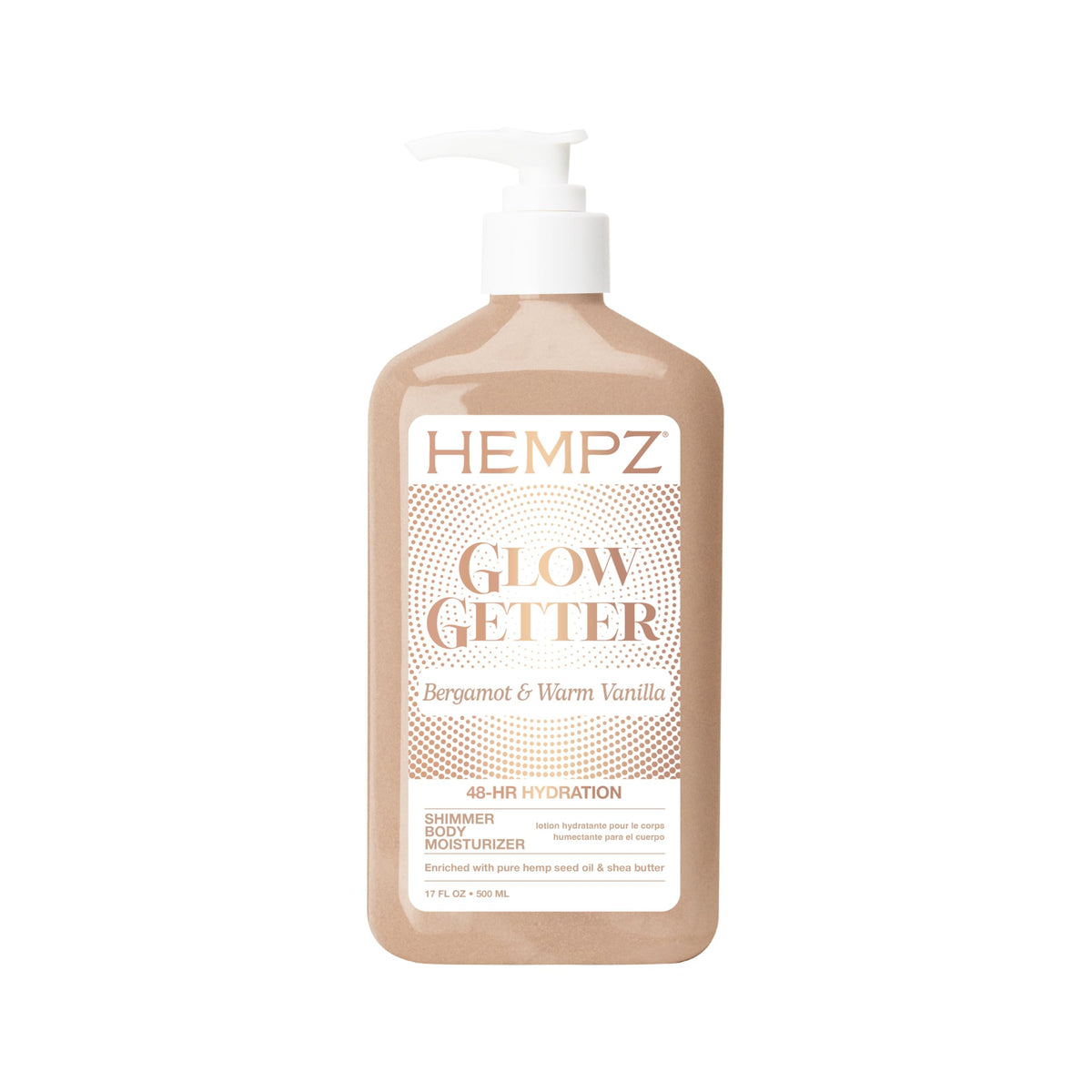 Hempz frasco frontal del producto muestra hidratación y brillo