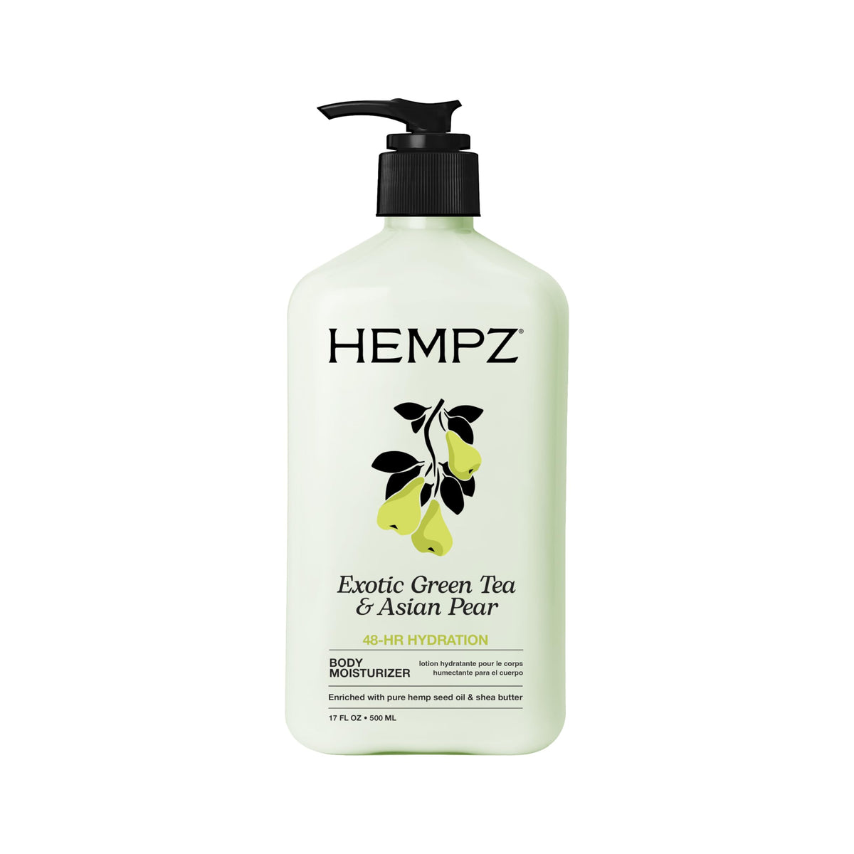 Hempz envase frontal Exotic Green Tea & Asian Pear mostrando diseño y beneficio hidratante