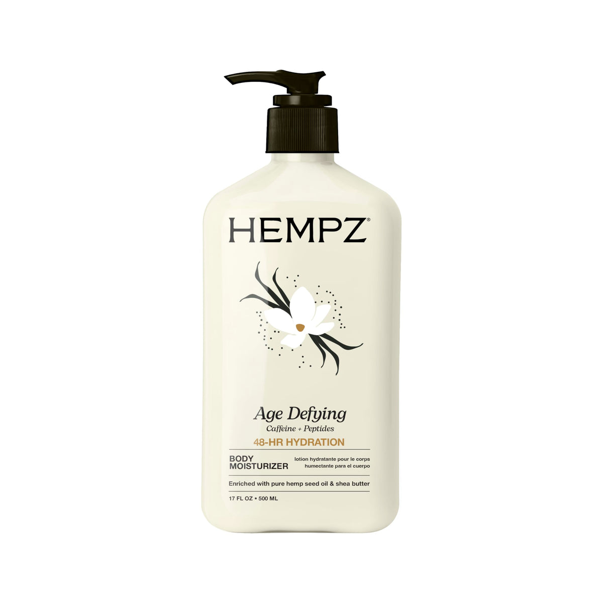 Hempz loción frontal grande 17 oz mostrando empaque y diseño elegante