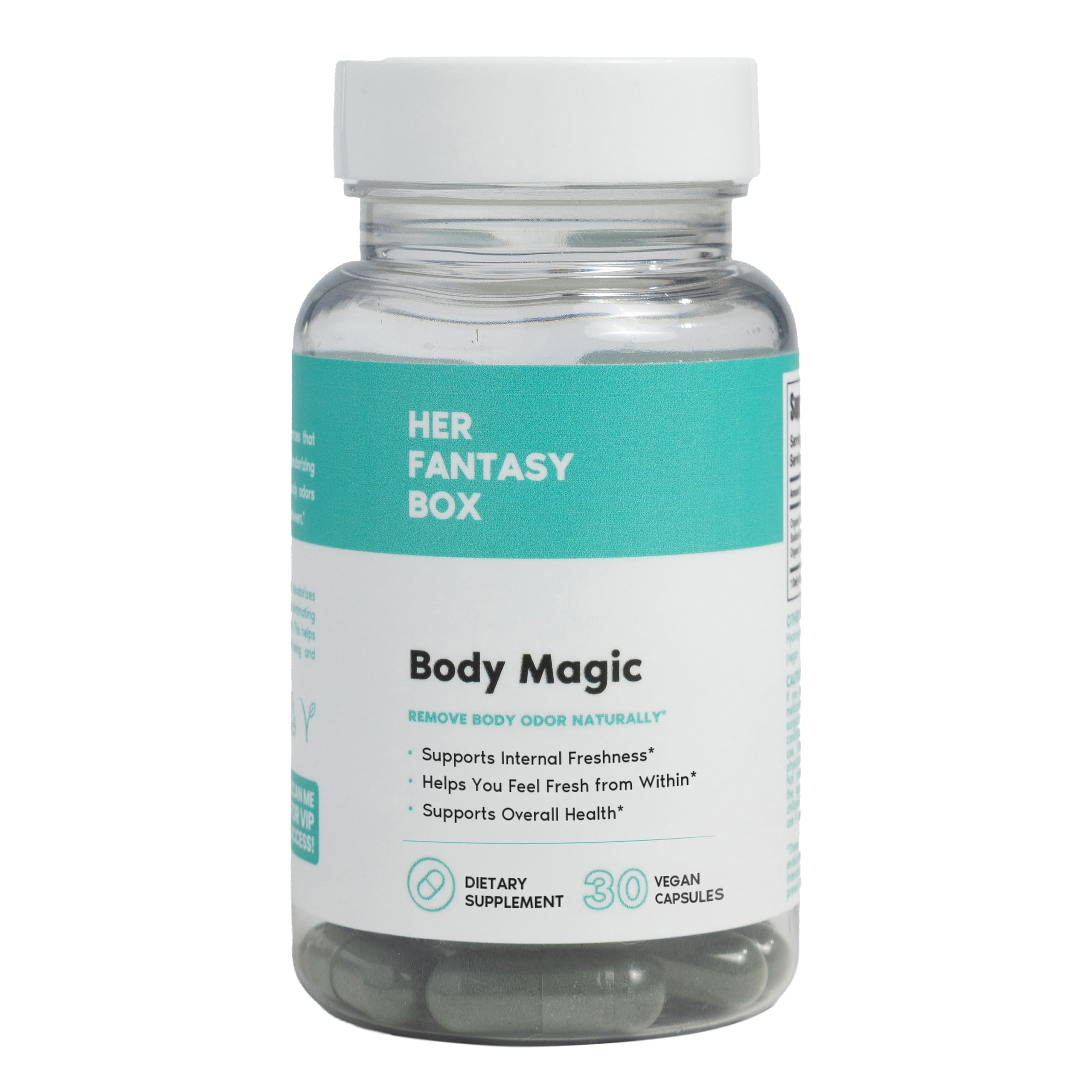 Her Fantasy Box frasco frontal mostrando Body Magic para fácil identificación y portabilidad
