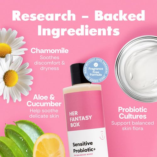 Her Fantasy Box etiqueta con ingredientes clave y beneficios visibles