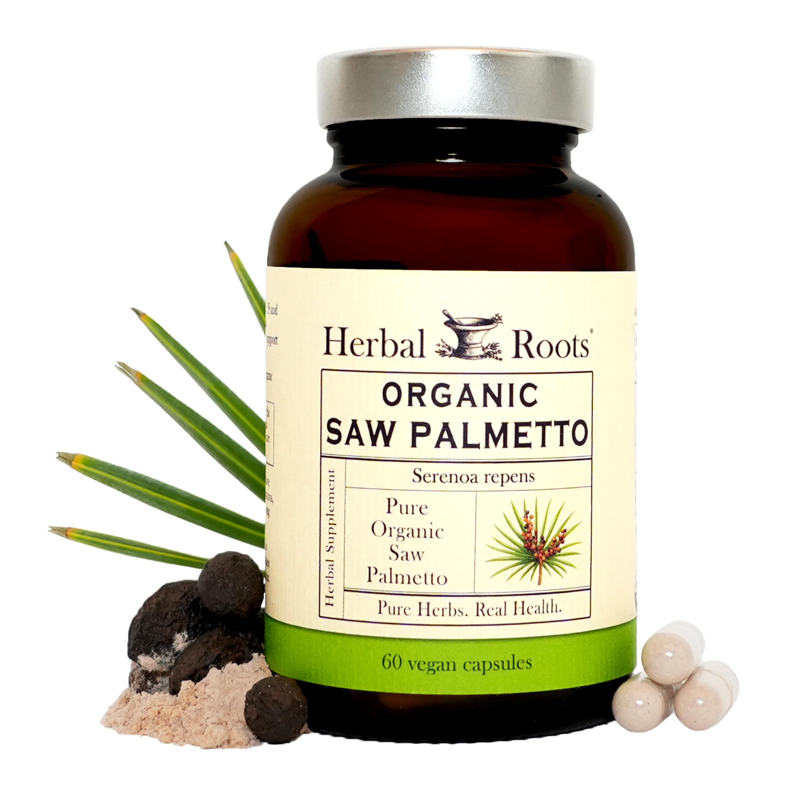 Herbal Roots frasco frontal mostrando etiqueta orgánica y beneficio de pureza