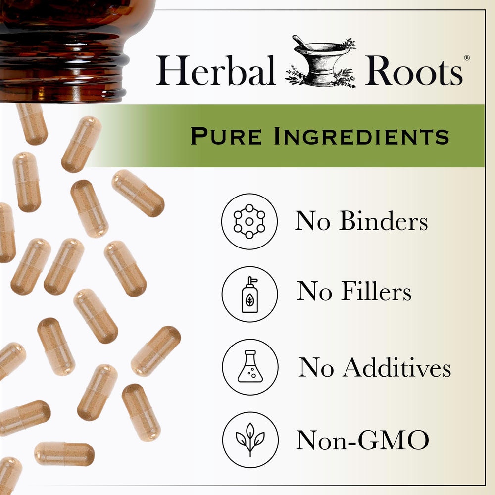 Herbal Roots frasco sobre escritorio junto a libreta para concentración