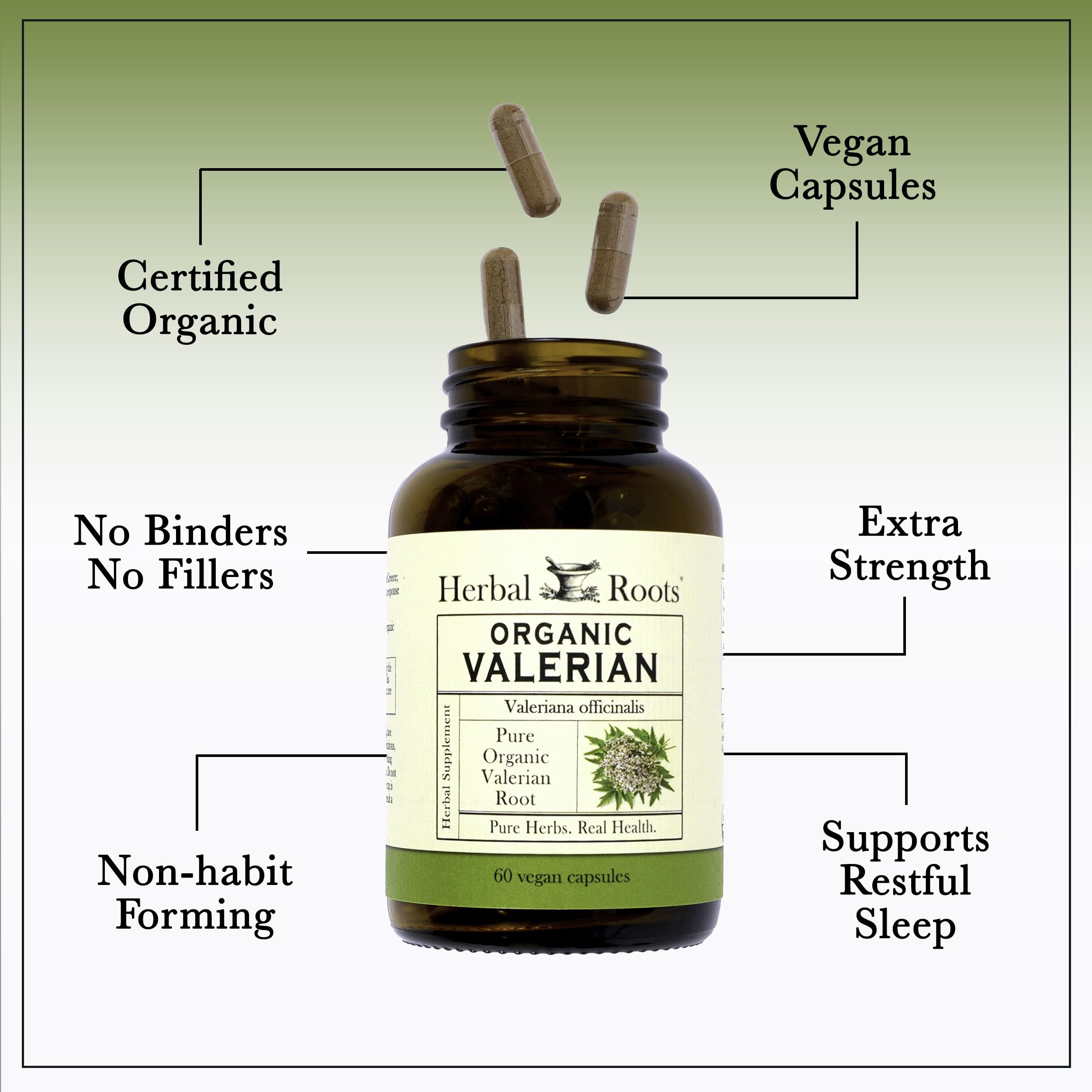 Herbal Roots persona tomando cápsula por la noche para apoyar la relajación