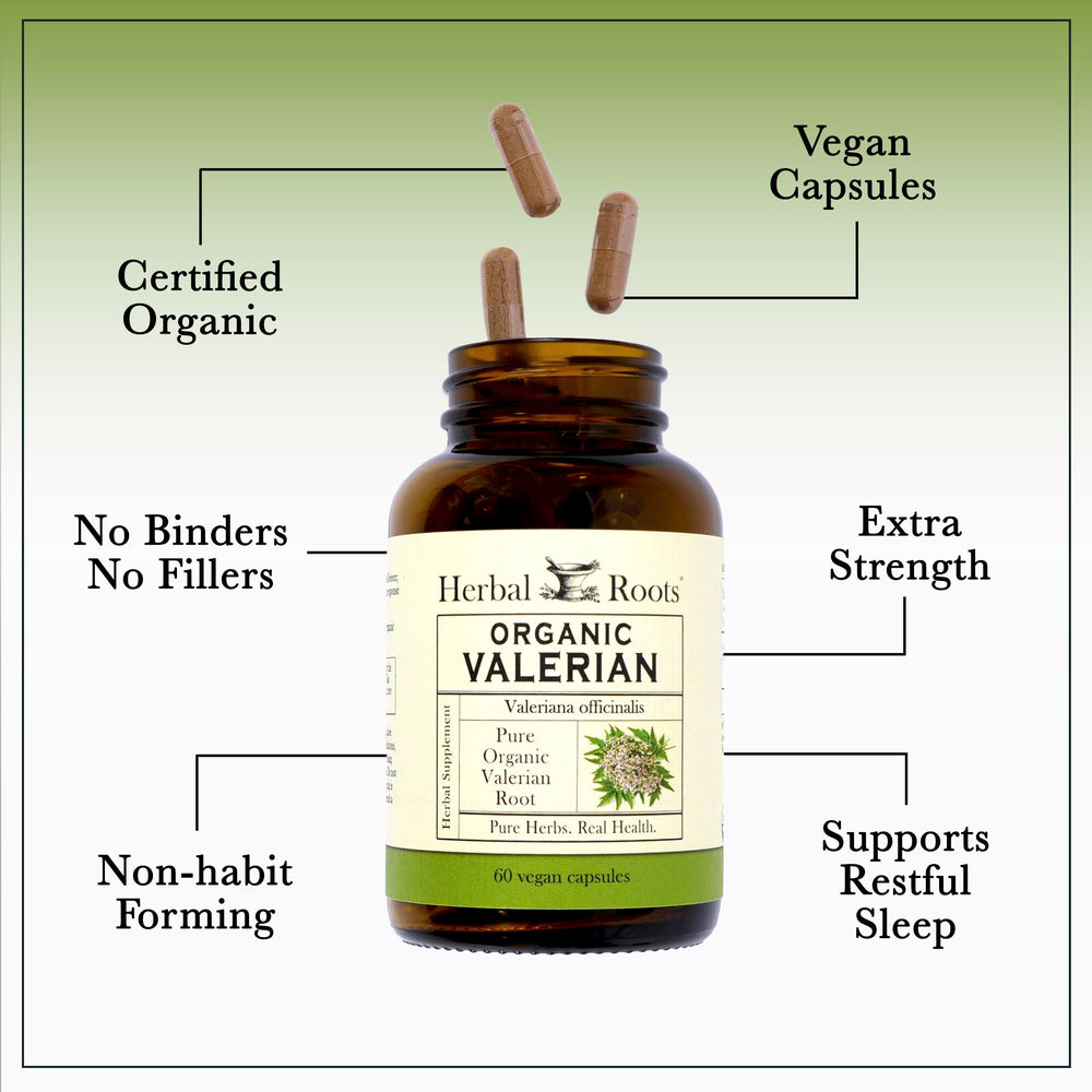 Herbal Roots persona tomando cápsula por la noche para apoyar la relajación