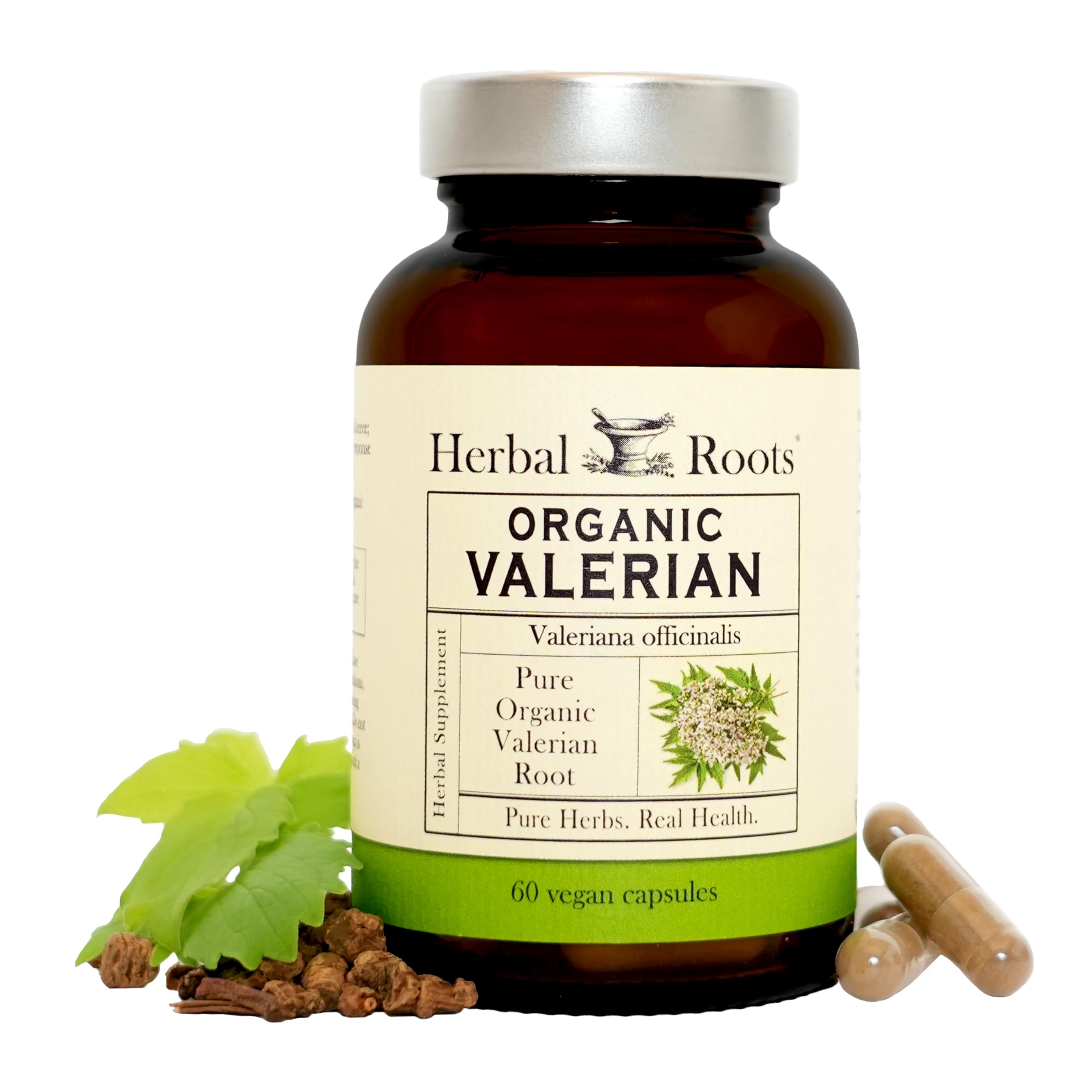 Herbal Roots botella frontal mostrando 60 cápsulas veganas y certificación orgánica