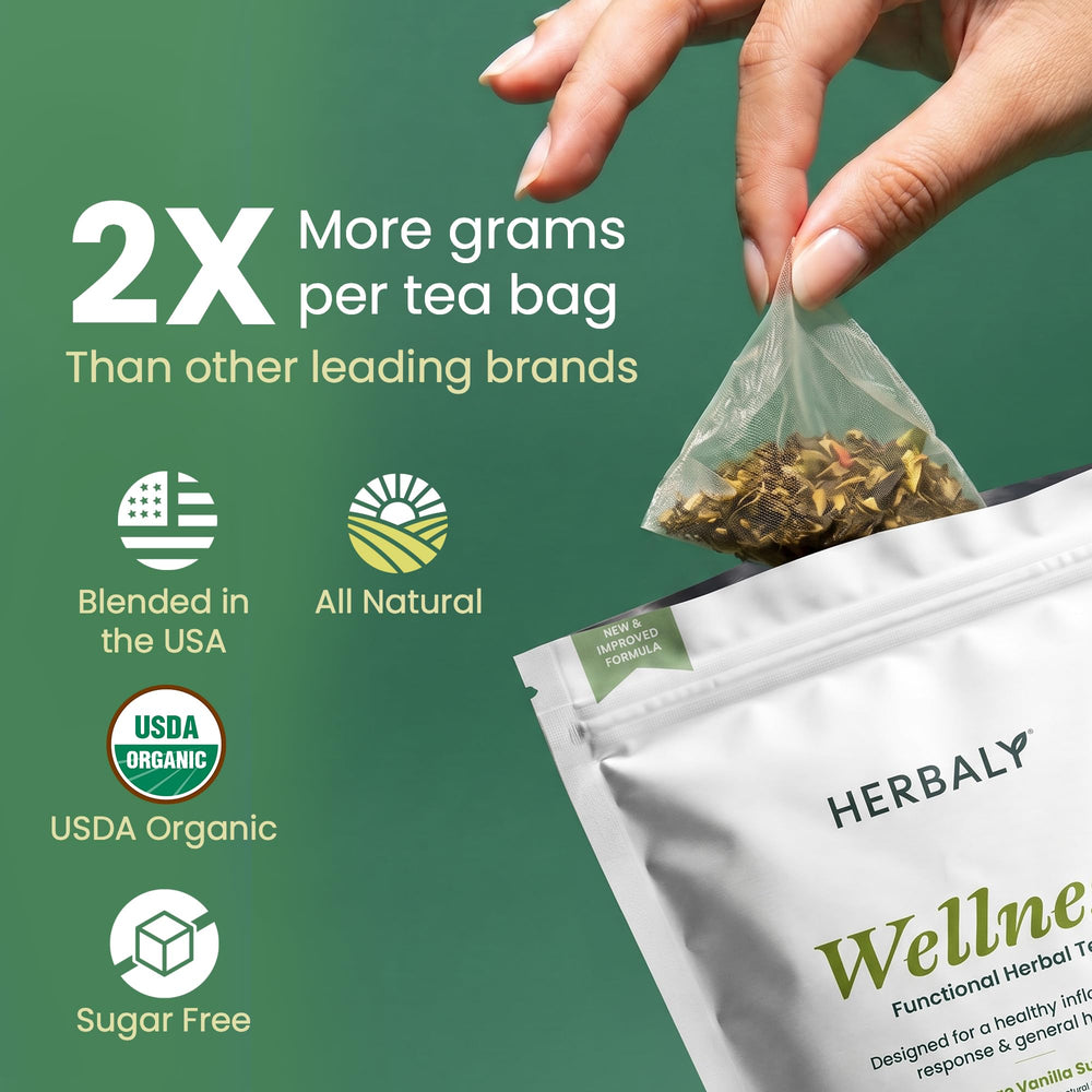 Herbaly bolsa junto a una regla para comparar tamaño y porciones por paquete