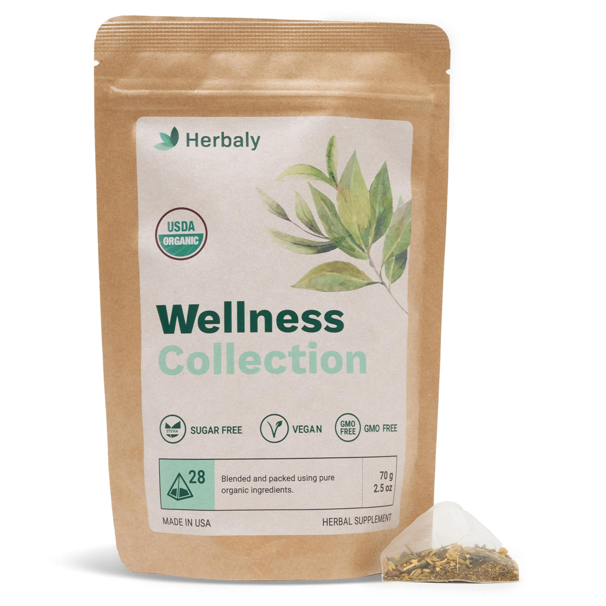 Herbaly Wellness Collection frente del empaque mostrando 28 bolsitas y beneficio digestivo