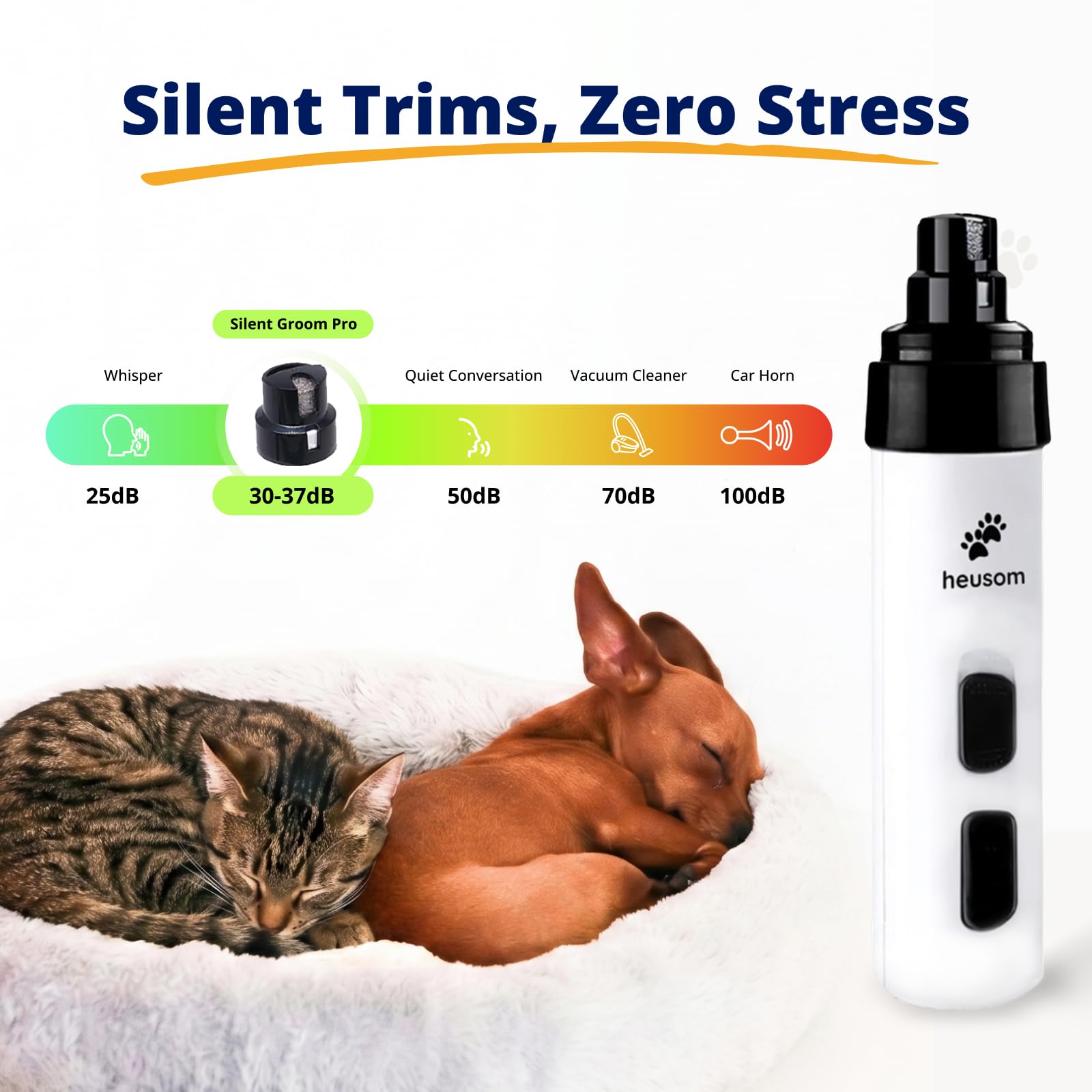 Heusom Silent Groom Pro en uso con perro calmado para corte seguro
