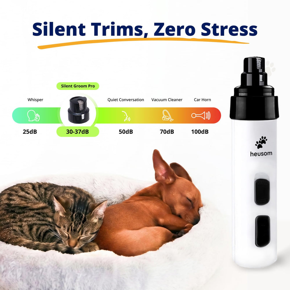 Heusom Silent Groom Pro en uso con perro calmado para corte seguro