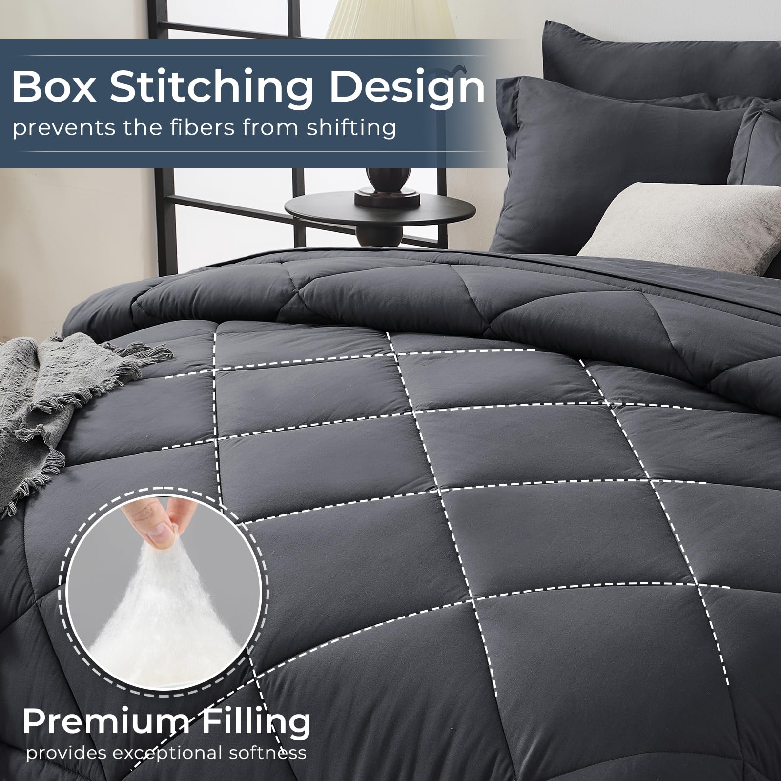HEVUMYI cama queen montada en dormitorio moderno, aspecto elegante
