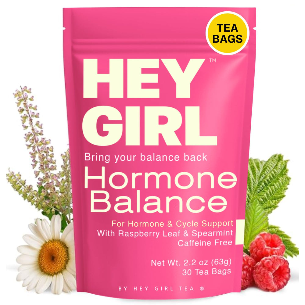Hey Girl Tea empaque frontal que muestra 30 bolsitas y beneficios sin cafeína