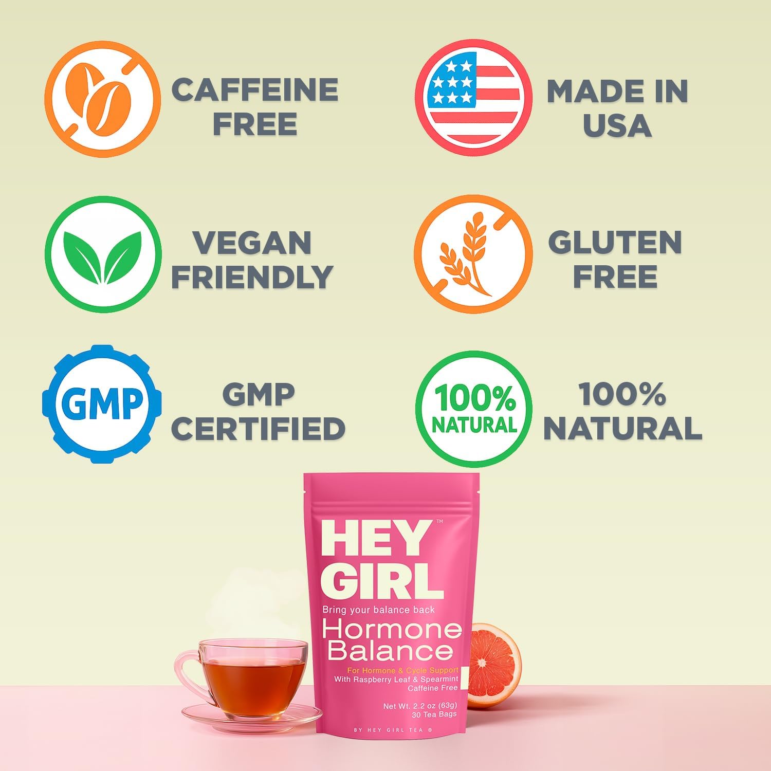 Hey Girl Tea mezcla de hierbas cercana mostrando spearmint, frambuesa y jengibre para equilibrio