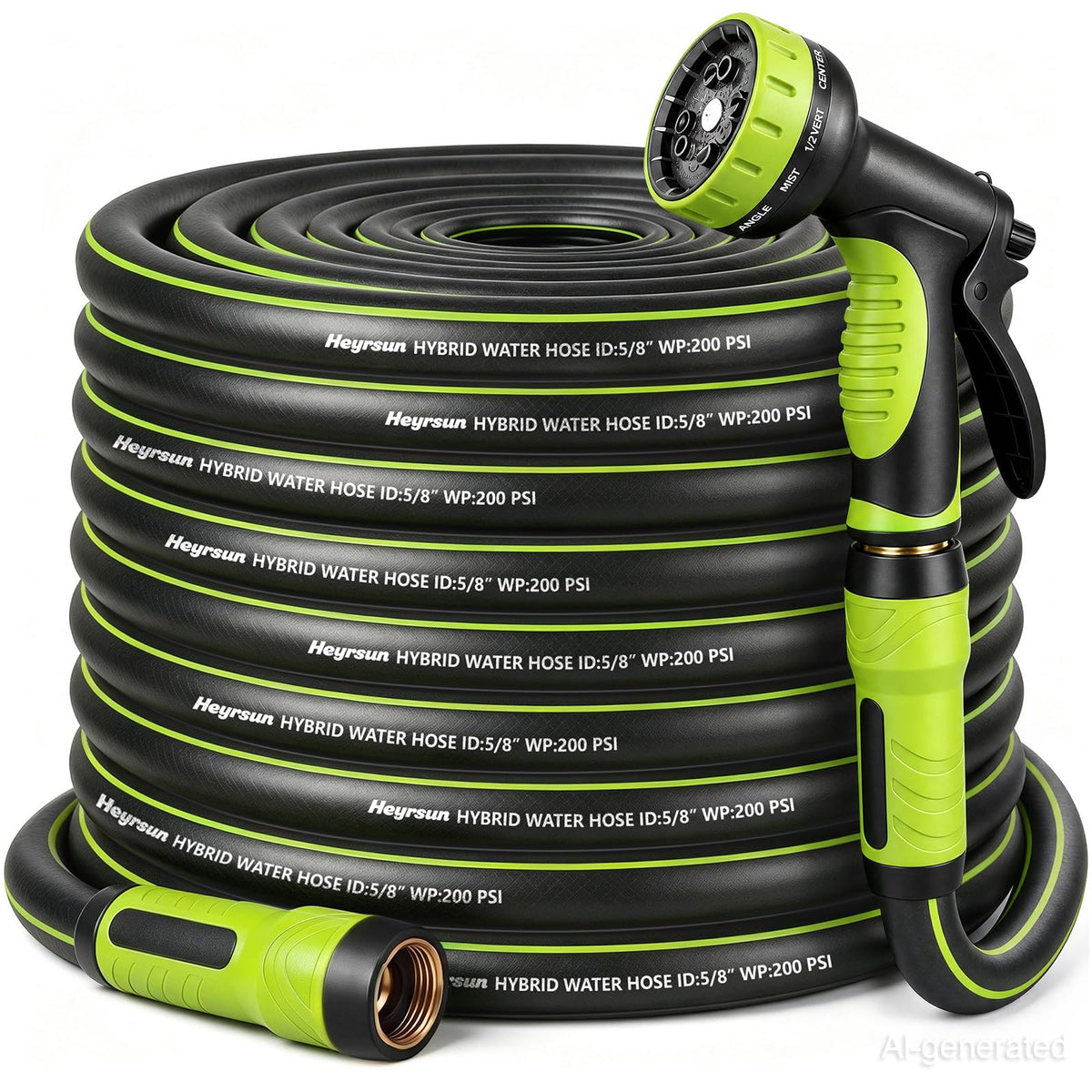 HEYRSUN paquete frontal mostrando manguera 50ft y boquilla, lista para usar