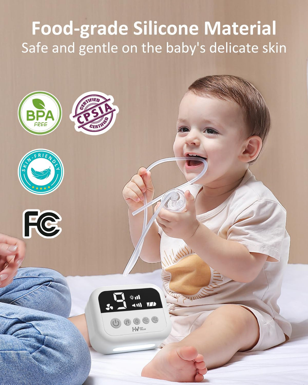HEYVALUE aspirador nasal en uso por un padre calmando a su bebé durante la succión