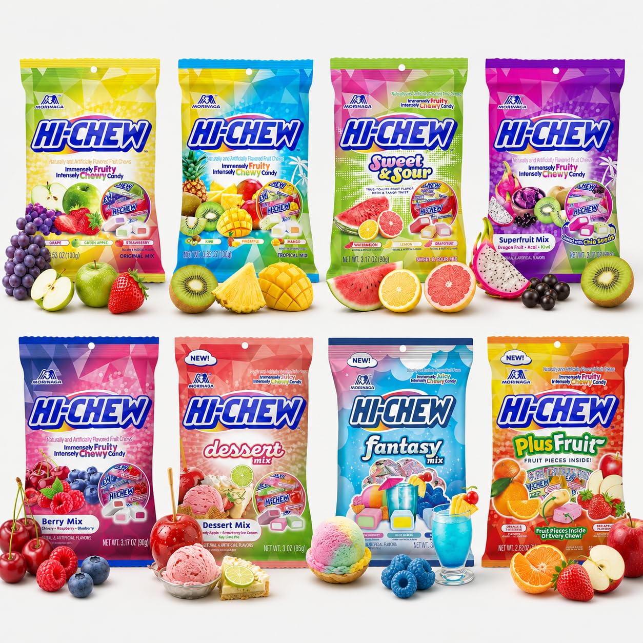 HI-CHEW frontal del paquete surtido mostrando variedad y conveniencia