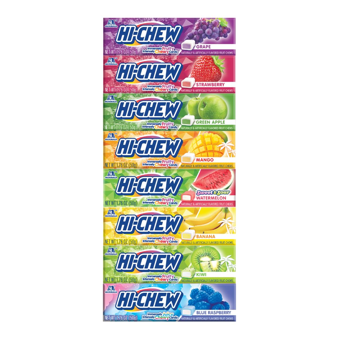 HI-CHEW paquete frontal que muestra surtido de sabores y conveniencia