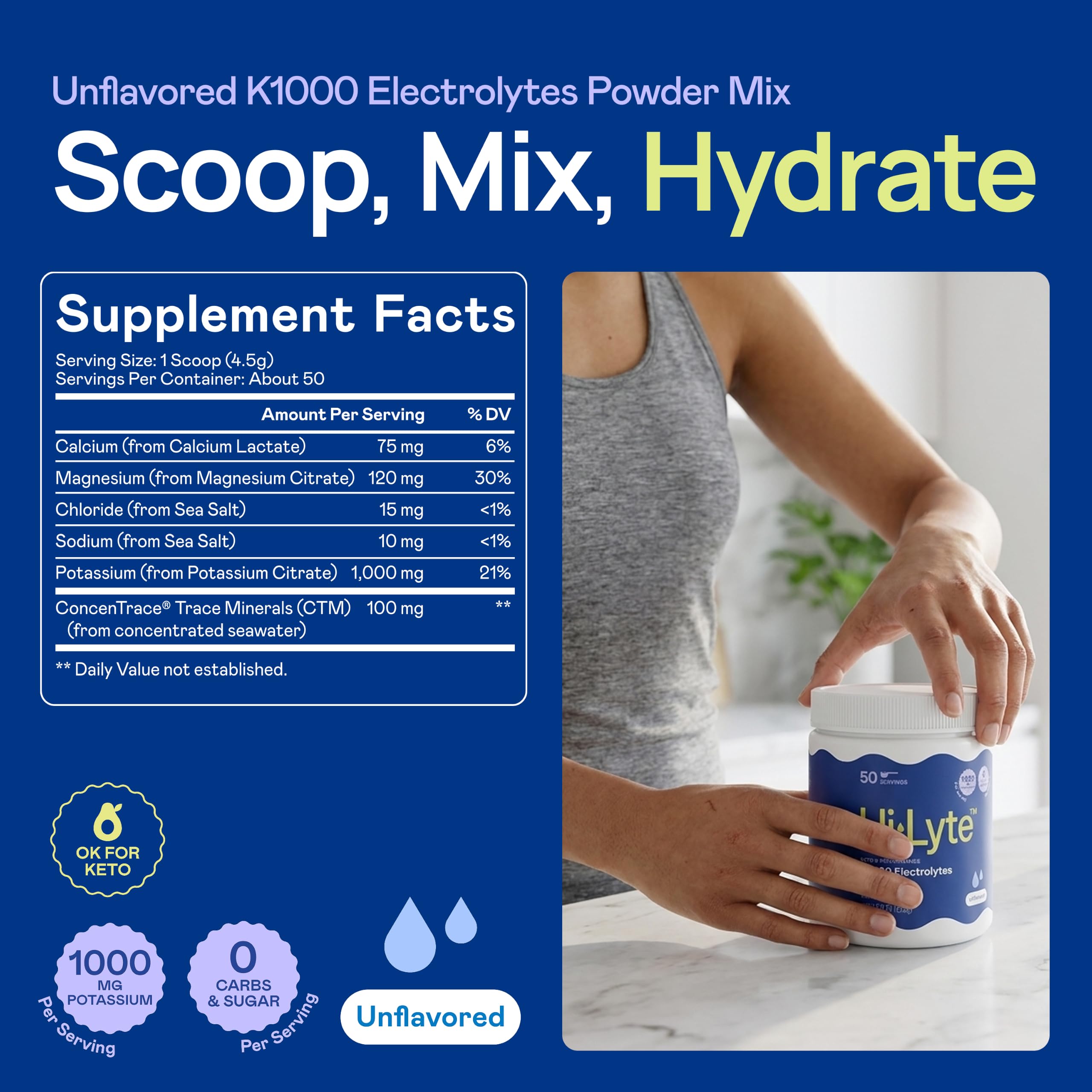 Hi-Lyte K1000 en vaso mientras se disuelve para hidratación rápida