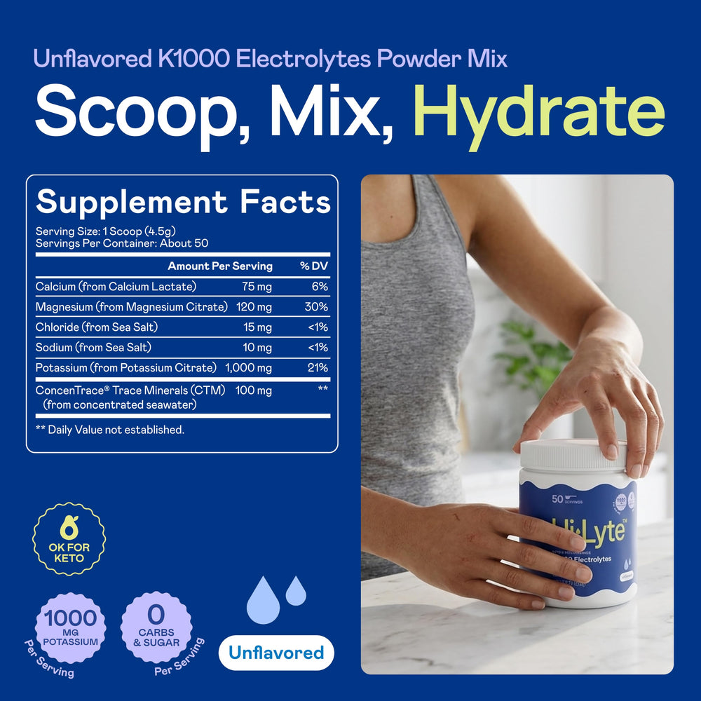 Hi-Lyte K1000 en vaso mientras se disuelve para hidratación rápida