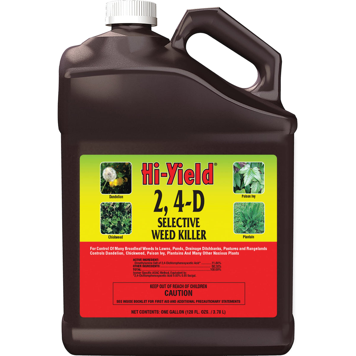 Hi-Yield frontal del envase de 1 galón mostrando diseño y capacidad para aplicación