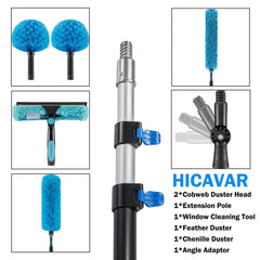 Conjunto de cabezales Hicavar sobre fondo claro con microfibra, chenilla, plumero y limpiavidrios
