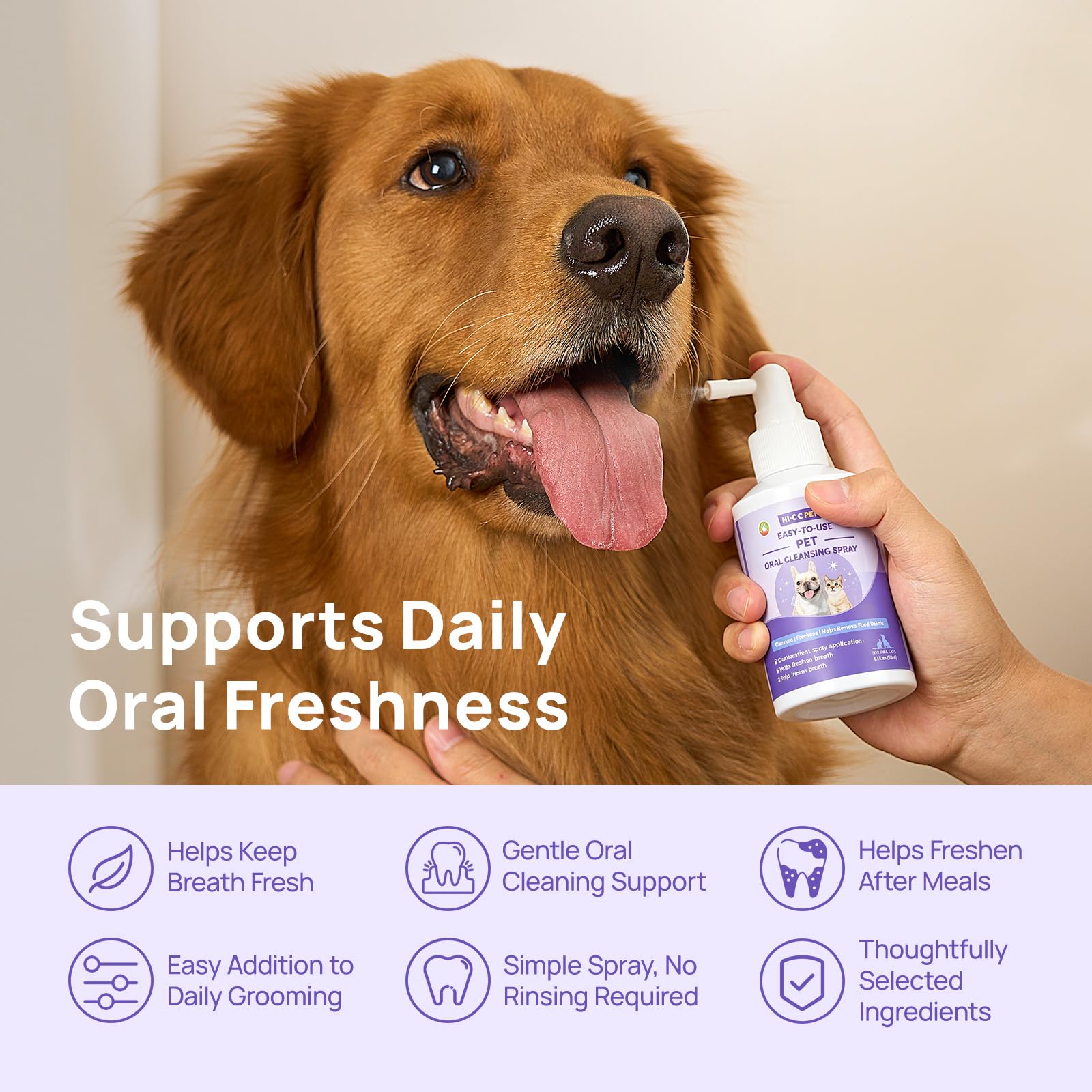 HICC PET spray en uso sobre perro para limpieza oral rápida fuera de casa