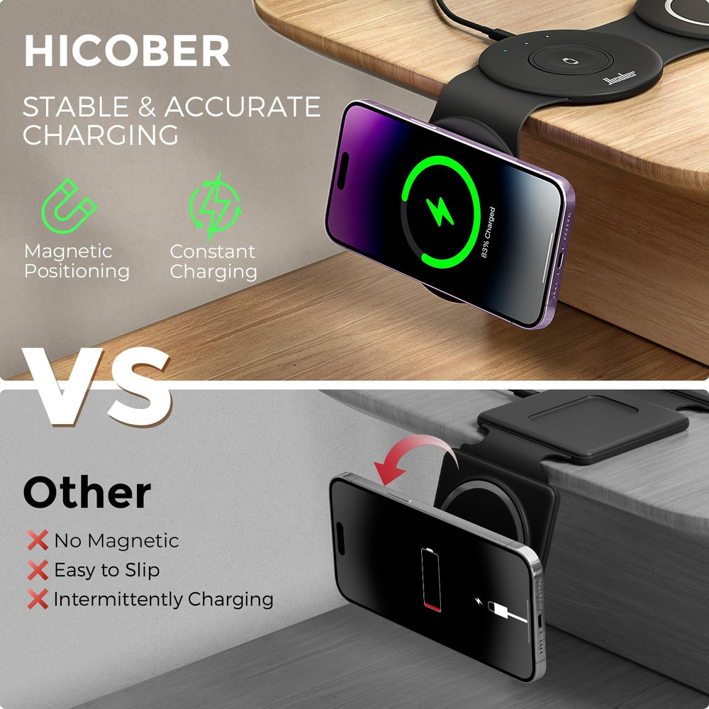 Hicober base en mesa de noche cargando iPhone, Apple Watch y AirPods simultáneamente