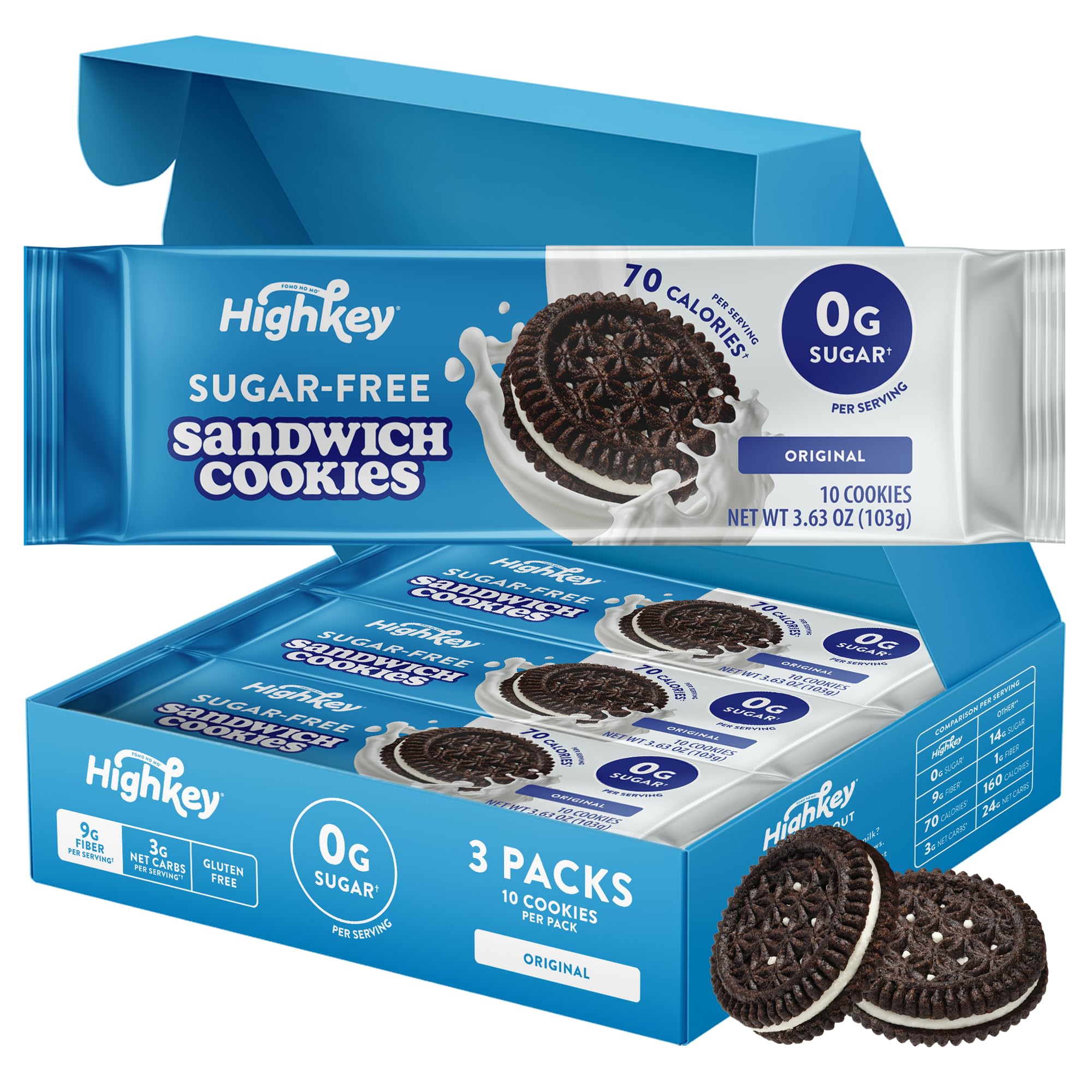 HIGHKEY embalaje frontal mostrando 30 galletas, ideal para snacks bajos en azúcar