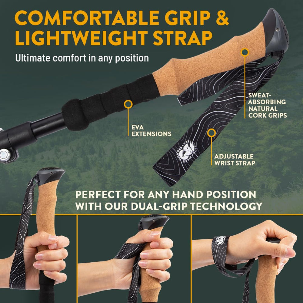 Hiker Hunger Outfitters bastones plegados dentro de mochila demostrando compacto transporte